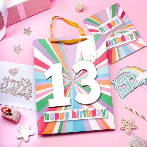 Vista 5 de WRAPAHOLIC Bolsa de regalo de cumpleaños grande de 13 pulgadas con tarjeta y papel de seda - 13 cumpleaños