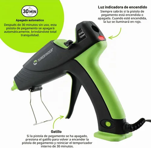 Vista 2 de Pistola de pegamento caliente Surebonder con apagado automático, doble temperatura, tamaño completo, 1.5 veces la potencia de las pistolas