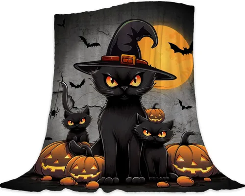 Vista 7 de Manta de Halloween para bebé, mascota pequeña, manta espeluznante de calabazas negras para gatos, manta para cuna, cochecito, decorativa, ligera