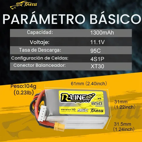 Vista 2 de Tattu Batería Lipo R-Line de 850mAh 4s 95C 14.8V con enchufe XT30