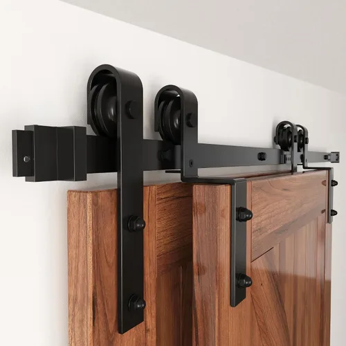 Vista 7 de WINSOON - Kit de herrajes para puerta corrediza de granero de 1.5 m, de un solo riel, para puertas dobles, techo bajo, fácil montaje, resistente, se