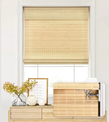 Vista 16 de LazBlinds - Cortinas romanas de bambú personalizadas sin cordón, tratamiento de ventana con filtro de luz, persianas enrollables de bambú retro