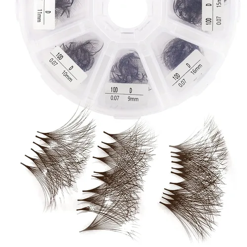Vista 14 de Extensiones de pestañas de 1200 fans, prefabricadas, con volumen, 9-20mm, bandeja mixta, 20D, con punta en C, base puntiaguda, extensiones