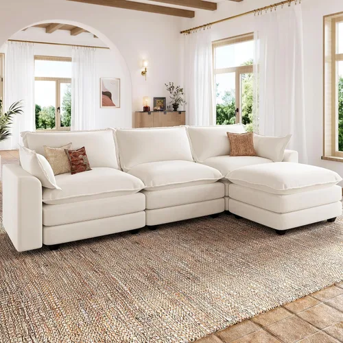 Vista 12 de Sofá de nube en forma de L de 118 pulgadas, sofá modular de gran tamaño con otomana móvil, cómodo sofá de felpilla de 4 plazas con asiento profundo
