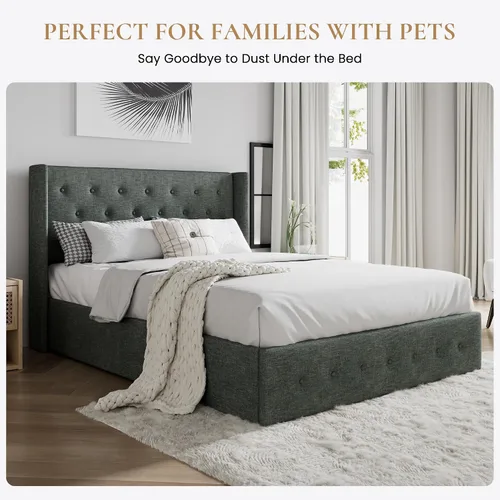 Vista 5 de SHA CERLIN Base de cama de tamaño completo con almacenamiento abatible, cabecera abombada con botón acolchado, plataforma tapizada, almacenamiento