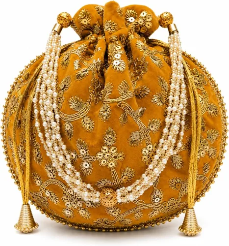 Vista 9 de Bolsa de terciopelo bordada para mujer, bolsa con cordón, regalo de boda dorado para mujer Negro