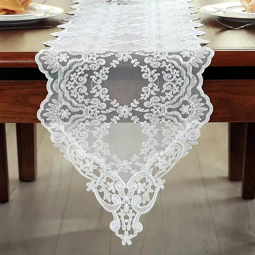 Vista 2 de Hsvanyr Camino de mesa de encaje blanco bordado pequeño bufanda clásica rectangular macramé mesa decoración de tocador 12 pulgadas x 27 pulgadas