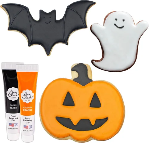 Vista 2 de Juego de 5 cortadores de galletas de Halloween y decoración hechos en Estados Unidos por Ann Clark, calabaza, fantasma, murciélago, naranja y gel