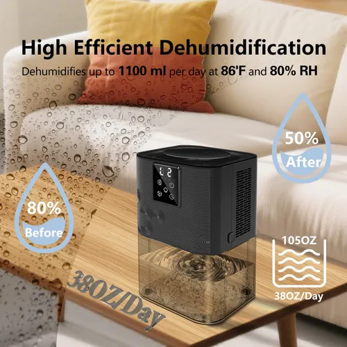 Vista 2 de MTOX - Deshumidificador pequeño de 3 litros/105 onzas (1000 pies cuadrados) para habitaciones, baño, RV, silencioso con apagado automático, Negro