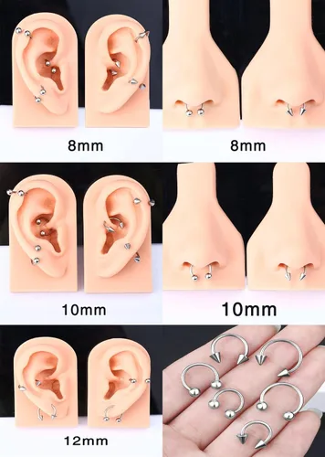 Vista 2 de Juego de 14 aros de acero quirúrgico de calibre 14161820 de 678910120.551 in, calibre 678910120.551 in, piercing para nariz, cartílago, rook