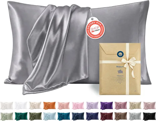 Vista 24 de Bedsure Paquete de 2 fundas de almohada de satén similares a las fundas de almohada de seda tamaño estándar, funda de almohada para mujeres que