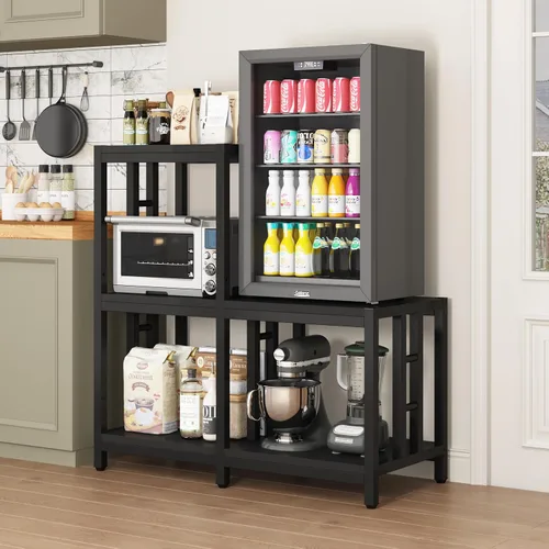 Vista 5 de Mini soporte para refrigerador con almacenamiento, gabinete negro para barra de café con espacio para mini refrigerador, soporte para microondas