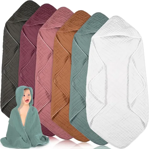 Vista 9 de Peryiter 6 piezas de toallas de muselina con capucha para bebé, toalla de baño de 81x81 cm de algodón para recién nacidos, mantas de bebé