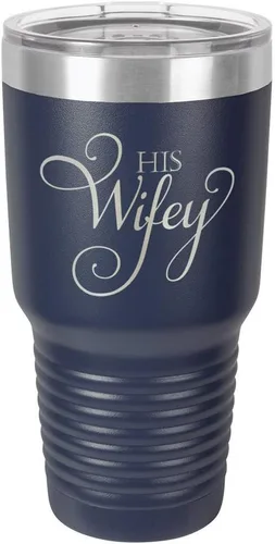 Vista 20 de Taza de viaje de acero con recubrimiento de polvo grabado con láser, con grabado «HIS WIFEY» de 325 ml, sin BPA, para mantener tu bebida fría