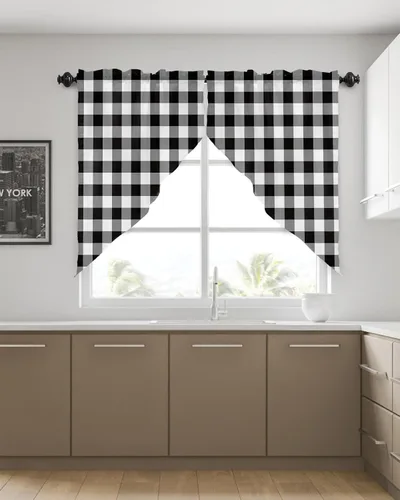 Vista 4 de Cenefas con festón a cuadros en blanco y negro para ventanas, cortinas de cocina estilo granja de 36 pulgadas de largo, juego de 2 paneles, cortinas