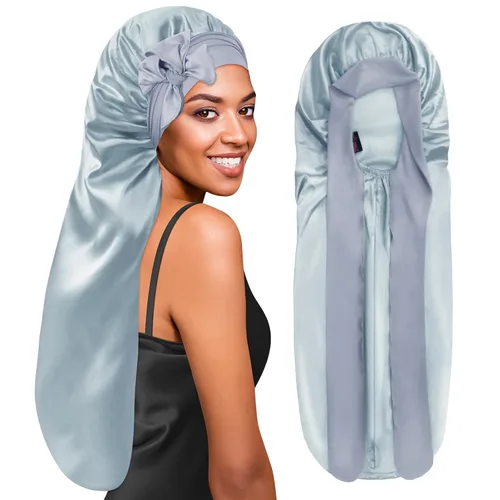 Vista 10 de BONNET QUEEN Gorro de Trenza de Seda Gorro Plegable Extra Largo para Trenzas con Banda de Atar, Capó de Satén Largo para Dormir, Verde Oscuro