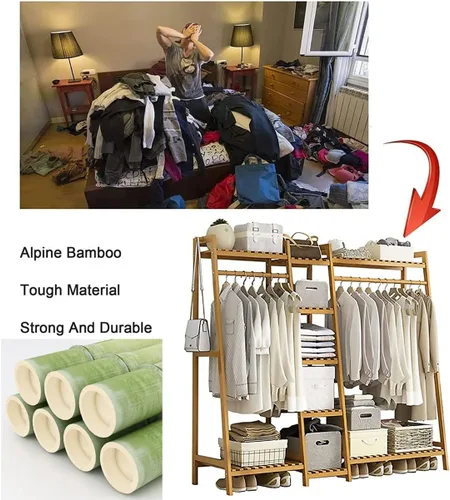 Vista 4 de Perchero de ropa de dormitorio de madera maciza, perchero colgante de doble barra independiente, ahorro de espacio (marrón 63.0 x 15.7 x 55.1 in)