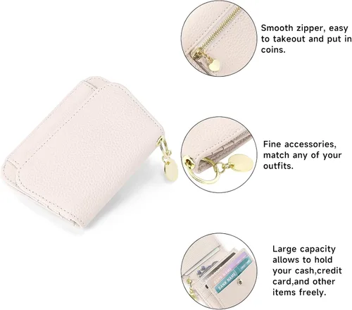 Vista 4 de SENDEFN Carteras pequeñas para tarjetas de crédito para mujer, llavero de cuero con bloqueo RFID, bolsillo con cremallera de tres pliegues, monedero