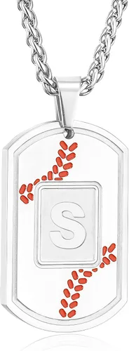 Vista 9 de Fervia Graduation Gifts - Baseball Initial Necklace for Men Dog Tag Stainless Steel Letter Pendant Sport Baseball Athletes Jewelry Christmas