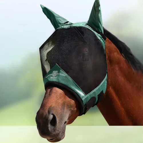 Vista 8 de Harrison Howard Máscara de mosca de caballo luminosa profesional estándar con orejas protección UV para caballo, azul y plateado, pequeño poni