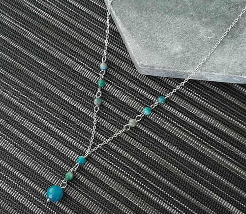 Vista 5 de Natural Crystal Bead Blue Apatite Stone Y Shaped Lariat Necklace Non-Tarnish Steel Chain