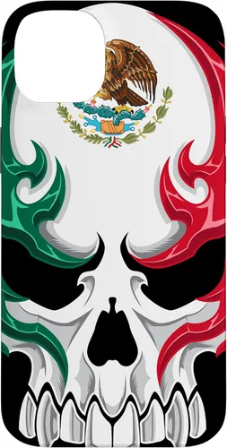 Vista 15 de Funda para iPhone 17 con diseño de bandera de México, diseño tribal de calavera mexicana