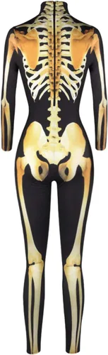 Vista 4 de Disfraz de esqueleto de Halloween para mujer, disfraz de calavera aterradora, traje ajustado
