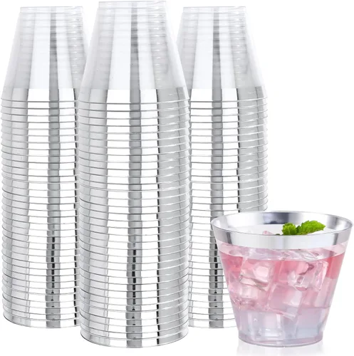 Vista 13 de Nervure 240 vasos de plástico azules – Vasos de plástico con borde dorado de 9 onzas – Taza azul desechable resistente con borde dorado perfecto