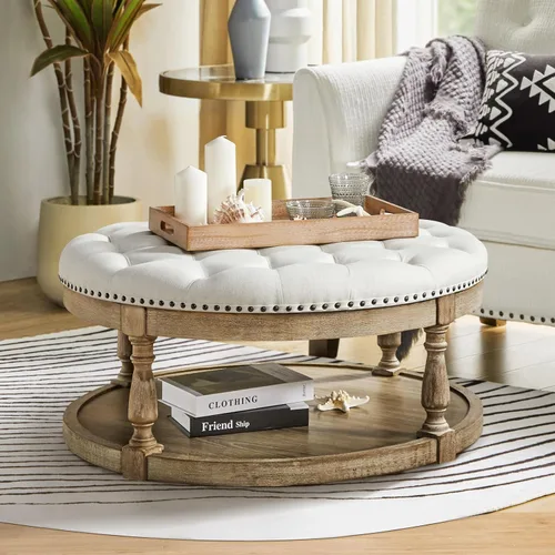 Vista 8 de HULALA HOME Mesa de centro otomana redonda, reposapiés otomano grande de 2 niveles, con estante de madera, tapizada, mesa de centro para sala