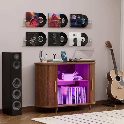 Vista 4 de Soporte grande para tocadiscos con luces LED, almacenamiento de discos de vinilo con estación de carga y puertos USB, gabinete para tocadiscos