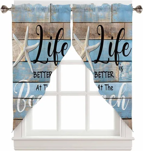 Vista 11 de Cortinas de cenefas para sala de estar, Life is Better at The Beach Lindas estrellas de mar sobre tablero de madera azul, cenefa semitransparente
