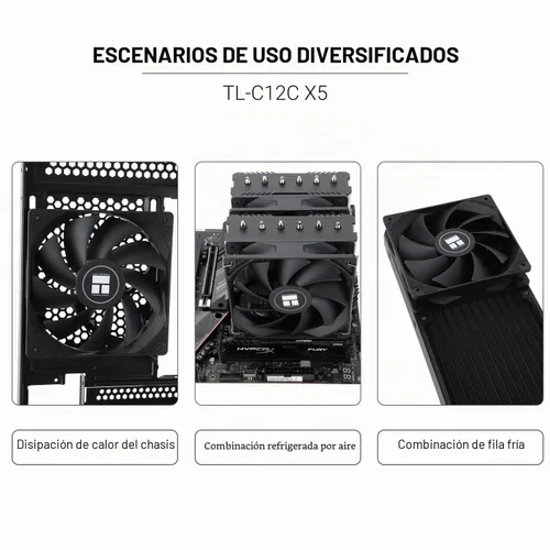 Vista 6 de Thermalright Ventilador de CPU TL-C12C X5, refrigeración negra, ventilador en la versión sin iluminación, establece lazos o ventilador de PC