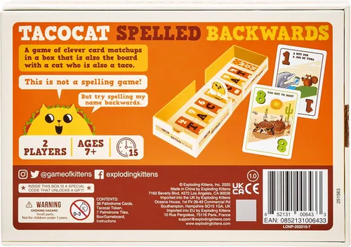 Vista 6 de Exploding Kittens Tacocat Spelled Backwards 2 Players - Ages 7+ - 15 Minutes to Play - Clever Family Board Game - Couples Game, Family Game Night