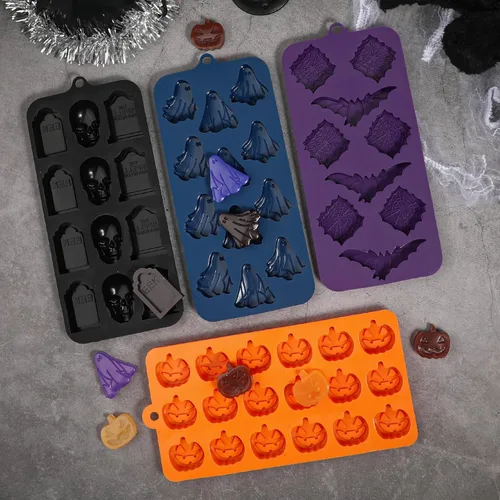 Vista 7 de Webake Molde de chocolate de Halloween con forma de calabaza Jack-O-Lantern, calavera, lápida, fantasma, murciélago y araña, moldes de silicona