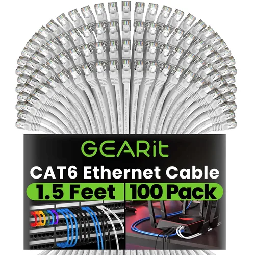 Vista 10 de GEARit Paquete de 100 cables Ethernet Cat6 de 0.5 pies Cable de conexión de red RJ45, conectores chapados en oro sin enganches de 10 Gbps, cable