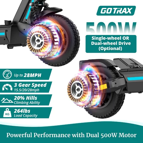 Vista 3 de Gotrax Ares - Patinete eléctrico todoterreno para adultos, neumáticos sin cámara de 10 pulgadas, autonomía de 25 millas con motor dual de 500W