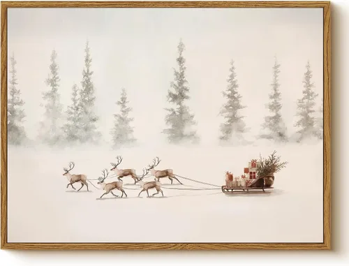 Vista 16 de Arte de pared con trineo, árbol navideño y cajas de regalo, 12 x 16 pulgadas, lienzo enmarcado de Navidad, cuadro rústico festivo, obra de arte