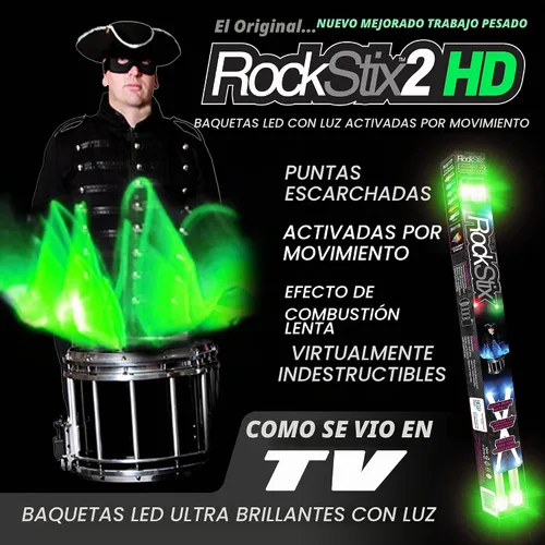 Vista 2 de 2 baquetas de luz LED verde HD, con efecto de desvanecimiento, enciende tu concierto (ROCKSTIX VERDE)