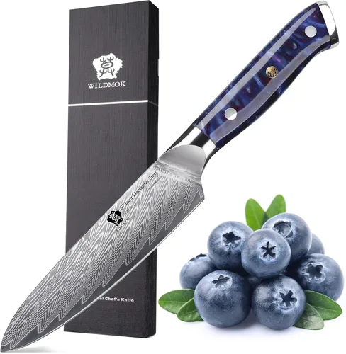Vista 8 de WILDMOK Cuchillo de cocina de 5 pulgadas, Damasco Japón VG-10, cuchillo de cocina de acero afilado, mango ergonómico de resina de color, caja
