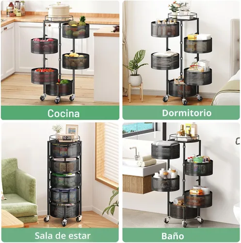 Vista 8 de SAYZH Cesta de frutas y verduras para cocina, estante de almacenamiento giratorio, carrito rodante de 5 niveles con tapa superior, ruedas de alambre