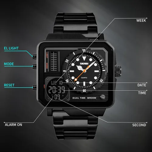Vista 5 de SKMEI Men's Digital Sports Watch, LED Square Large Face Analog Quartz Wrist Watch with Multi-Time Zone Waterproof Stopwatch