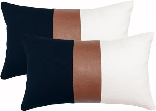 Vista 24 de Juego de 2 fundas de almohada negras y marrones de 18 x 18 pulgadas, fundas de almohadas modernas con rayas estilo granja para sofá, sala de estar