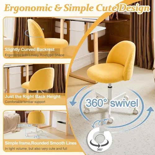 Vista 4 de VINGLI Silla de caramelo linda silla de escritorio sin brazos, cómoda silla de oficina pequeña con ruedas, silla de tocador, soporte lumbar, silla