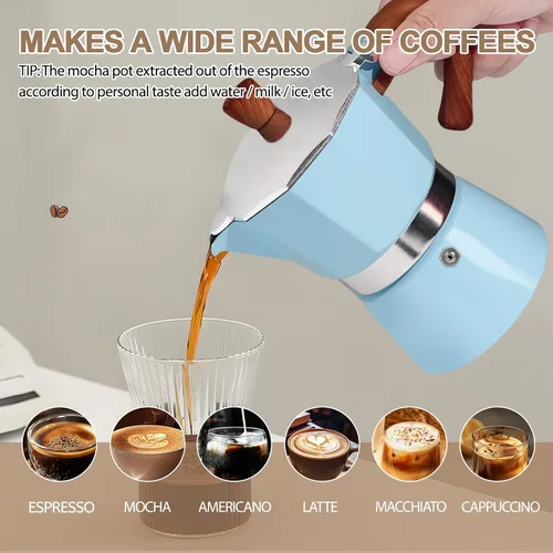 Vista 6 de Cafetera de aluminio con 3 tazas de 150ml (5.1 fl oz) Moka Pot Express, cafetera de café expreso para estufa, colorida cafetera italiana