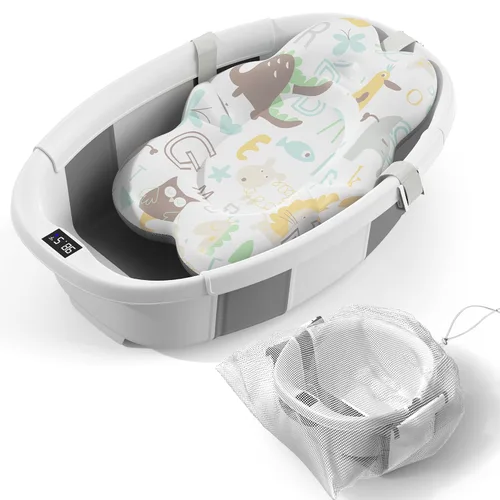 Vista 9 de Bañera Plegable para Bebé - Bañera Grande para Bebé con Termómetro y Cojín Bañera Portátil de Viaje para Recién Nacidos e Infantes Bañera Azul