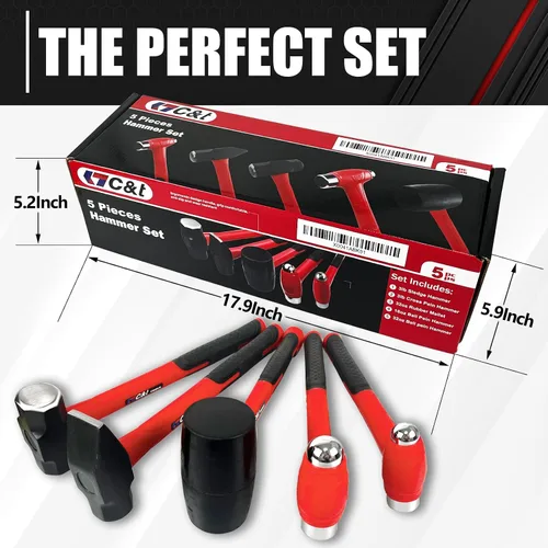 Vista 3 de C&T Juego de Martillos de 5 Piezas, Martillo de Bola de 16oz Martillo de Bola de 32oz Mazo de Goma de 32oz Martillo de Trineo de 3lb