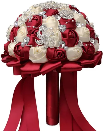 Vista 2 de Ramo de broche de 7 pulgadas, ramo de boda para dama de honor, rosa satinada, perlas artificiales, cintas de satén hechas a medida, ramo floral