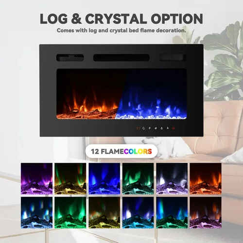 Vista 6 de Chimenea eléctrica montada en la pared y empotrada de 30 pulgadas con control remoto temporizador de 8 horas, 12 llamas, pantalla táctil, calentador
