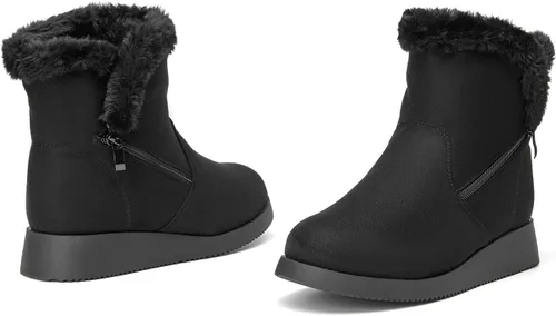 Vista 7 de CentroPoint Botas de nieve al tobillo de moda para mujer, tacón bajo de cuña corta, botines de invierno de piel sintética, zapatos cálidos
