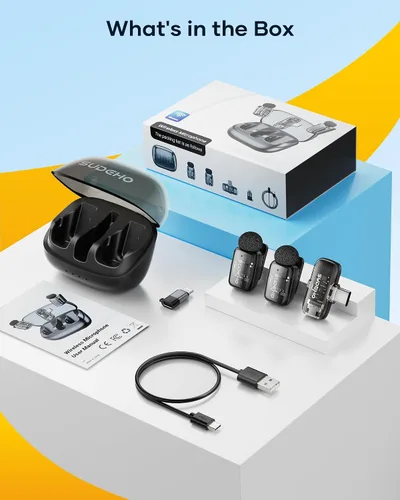 Vista 11 de Mini micrófonos inalámbricos Lavalier para iPhone iPad Android con funda de carga, micrófono de solapa USB C con reducción de ruido y modo cambiador